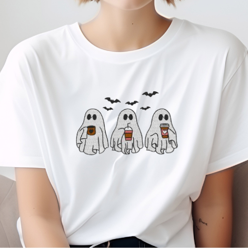 EMBROIDERED - COFFEE DRINKING THREE GHOSTS - TSHIRT
