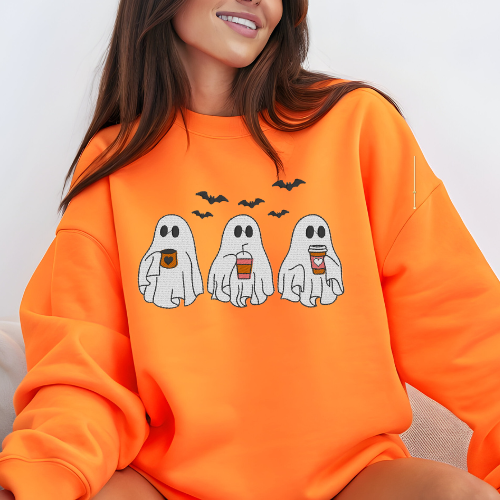 EMBROIDERED - COFFEE DRINKING THREE GHOSTS - SWEATSHIRT